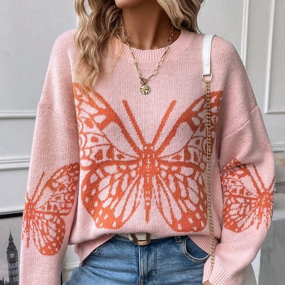 Pink Casual Womens Butterfly Pattern Drop Shoulder Sweater - Picture 4 of 5